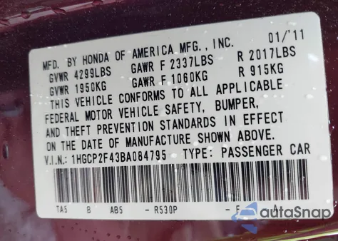 2011 Honda Accord 2.4 Lx-P z USA, uszkodzony, nr VIN 1HGCP2F43BA084795